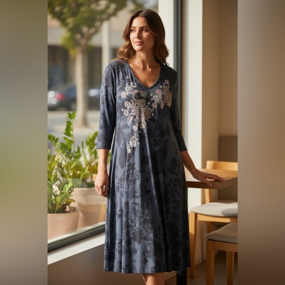 Reba Embroidered Front Patterned Flowy Chiffon Dress
